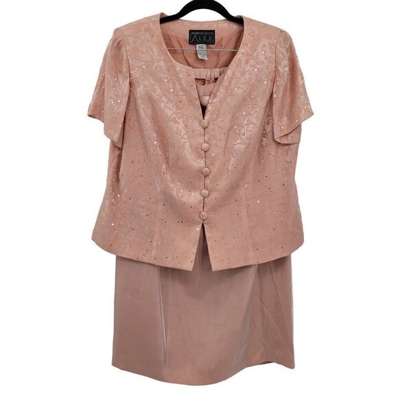 Vintage 80's Maxi Skirt Set Petites 16WP Pink Modest Beaded Button Up Shimmer - Picture 1 of 17